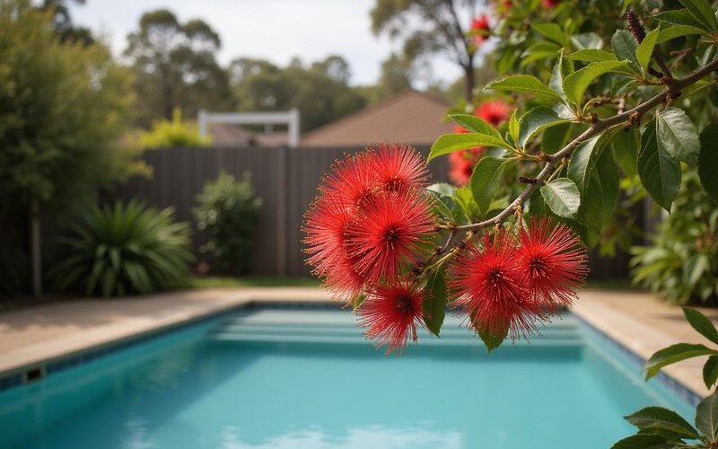 Callistemon shrub with red bottlebrush flowers beside Melbourne pool