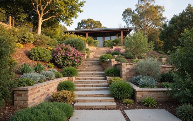 Completed steep block landscaping Melbourne showing multiple terraces quality retaining walls and planting