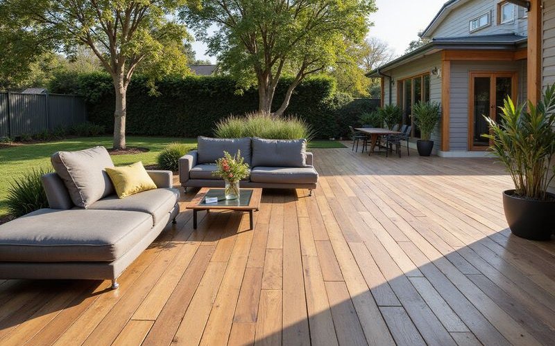 Contemporary outdoor porcelain paving in wood look finish with modern furniture