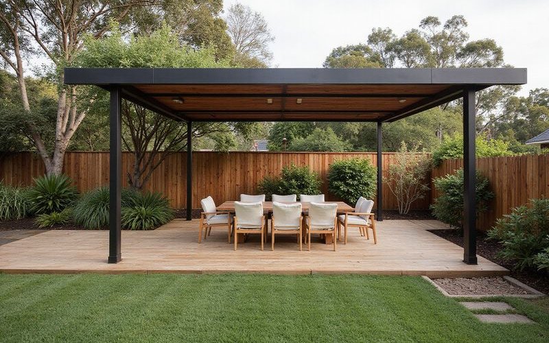 Contemporary steel pergola Melbourne with flat roof and minimalist design outdoor living