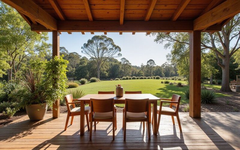Elevated timber deck Melbourne with outdoor dining and views over sloping garden
