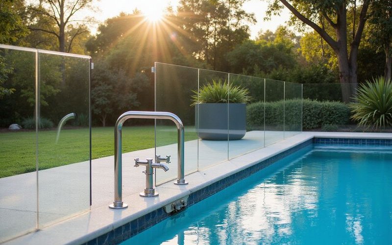 Frameless glass pool fencing Melbourne with stainless spigots and clear garden views