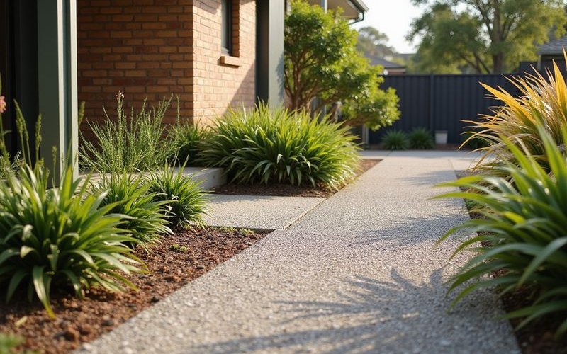 Garden drainage solution showing gravel soakaway and sloped paving away from house