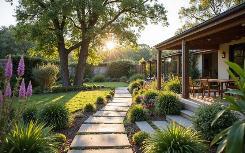 Landscape concept plan showing garden layout with planting beds paths and entertaining area