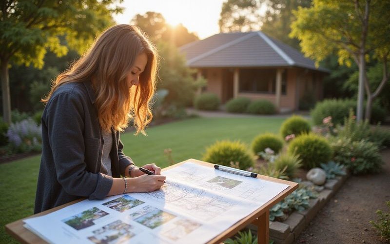 Landscape designer working on detailed garden plans at drawing board with site photos