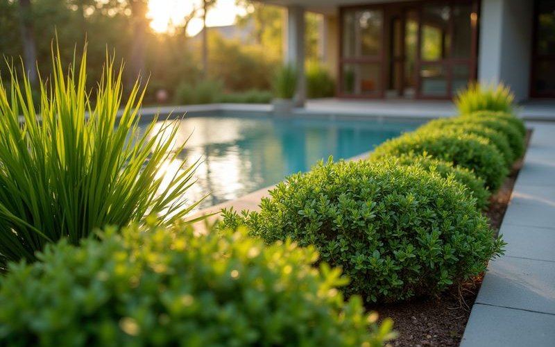 Lomandra plants around Melbourne pool creating clean green edge