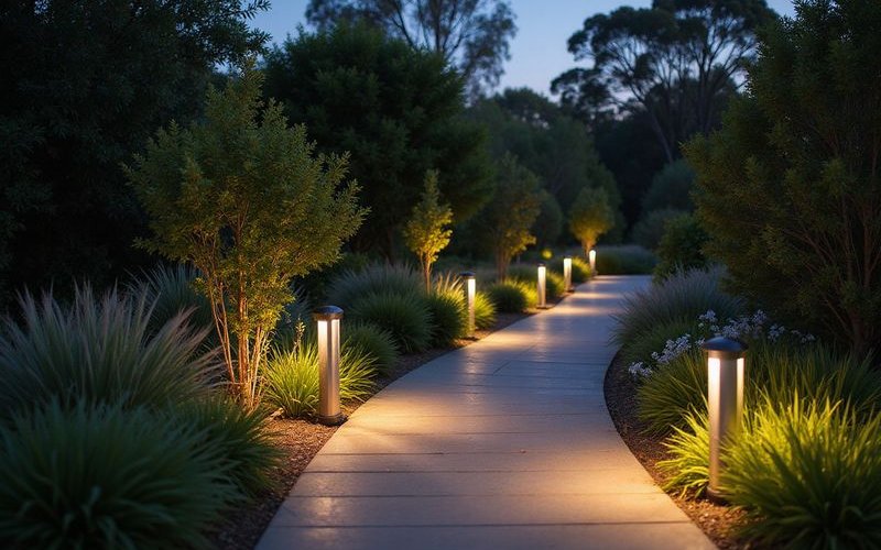 Low path lighting along Melbourne garden walkway with soft illumination