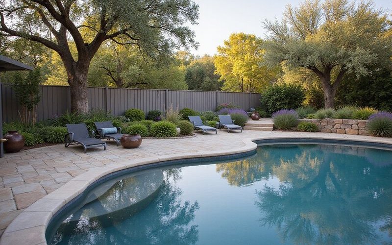 Mediterranean pool landscape Melbourne with lavender olive trees and stone paving