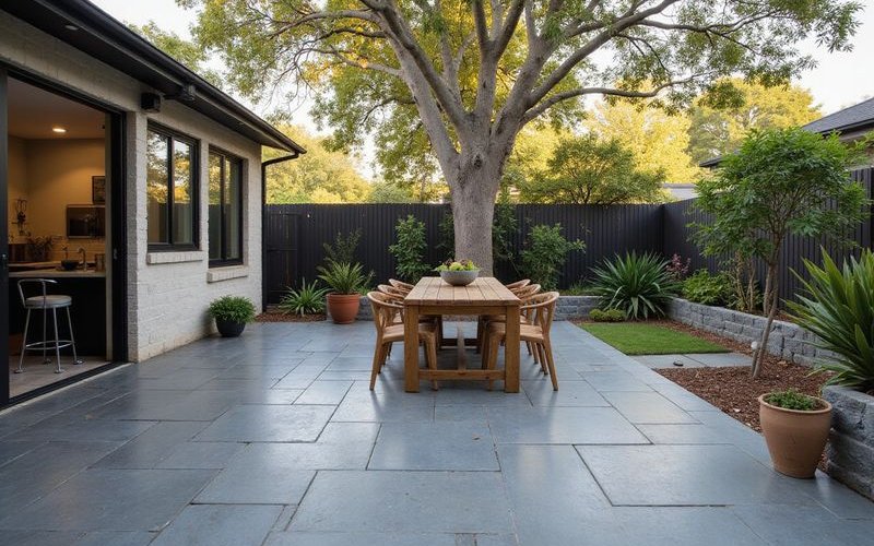 Melbourne bluestone paving in outdoor entertaining area with natural grey tones