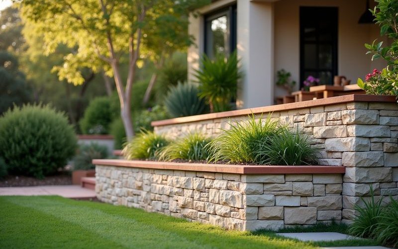 Natural stone retaining wall with integrated planting pockets and sandstone capping