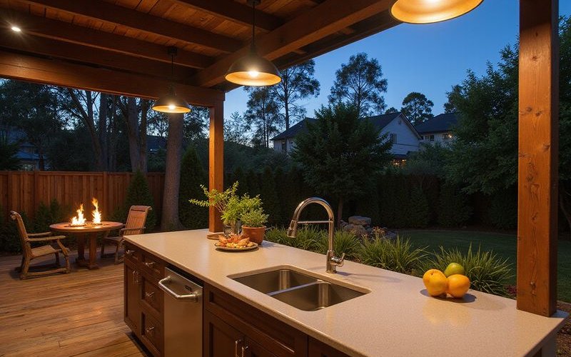 Outdoor kitchen lighting Melbourne with task lighting and ambient garden lights beyond