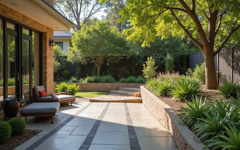 Professional landscaper building stone retaining wall and laying pavers in Melbourne garden