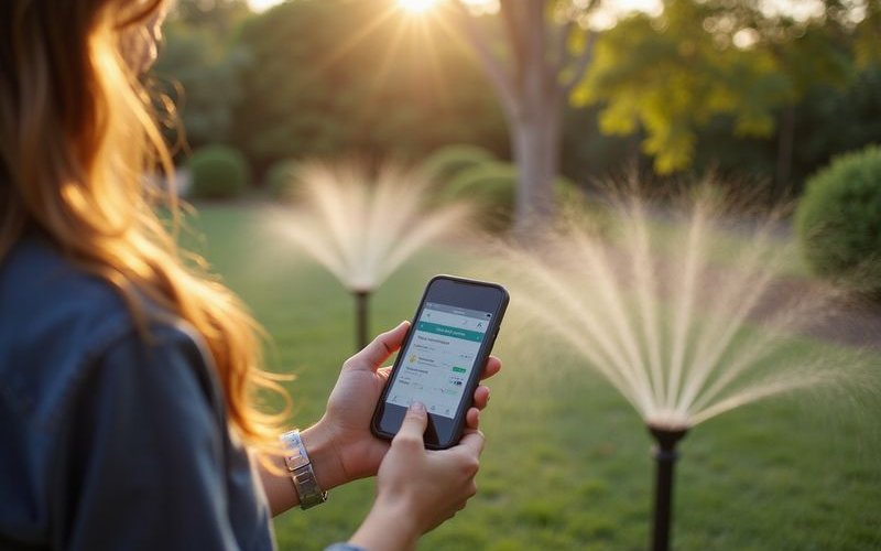 Smart irrigation controller showing weather data and zone control on smartphone