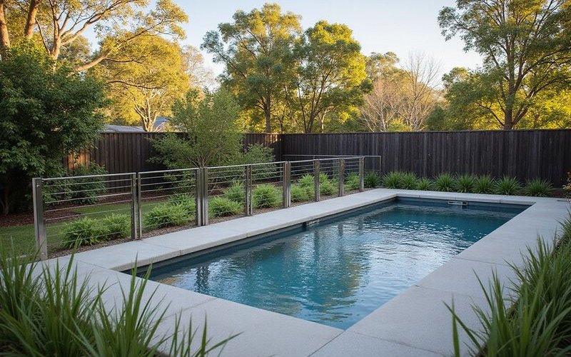 Stainless steel wire pool fence Melbourne with contemporary posts and garden beyond