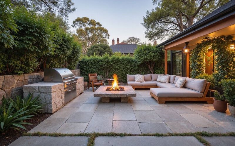 Stone paved outdoor entertaining area Melbourne with built in BBQ and fire pit