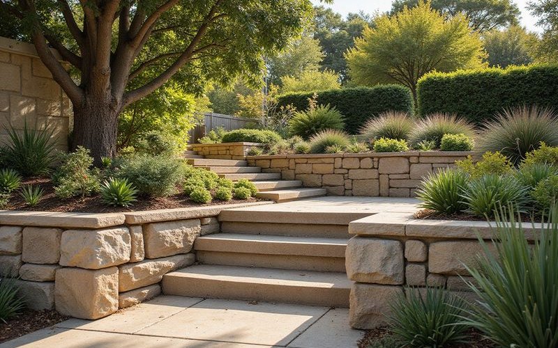 Stone retaining wall on Melbourne steep block with integrated planting and steps