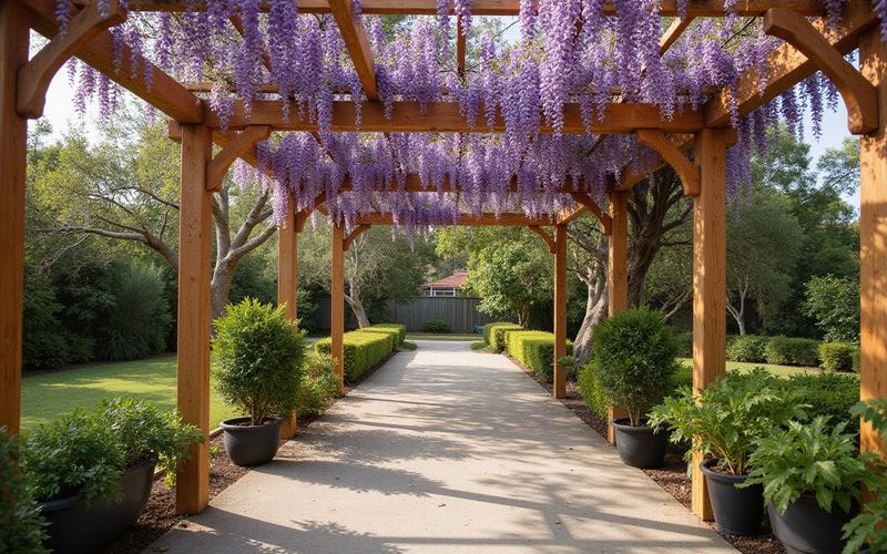 Timber pergola covered with wisteria in full bloom creating natural shade canopy